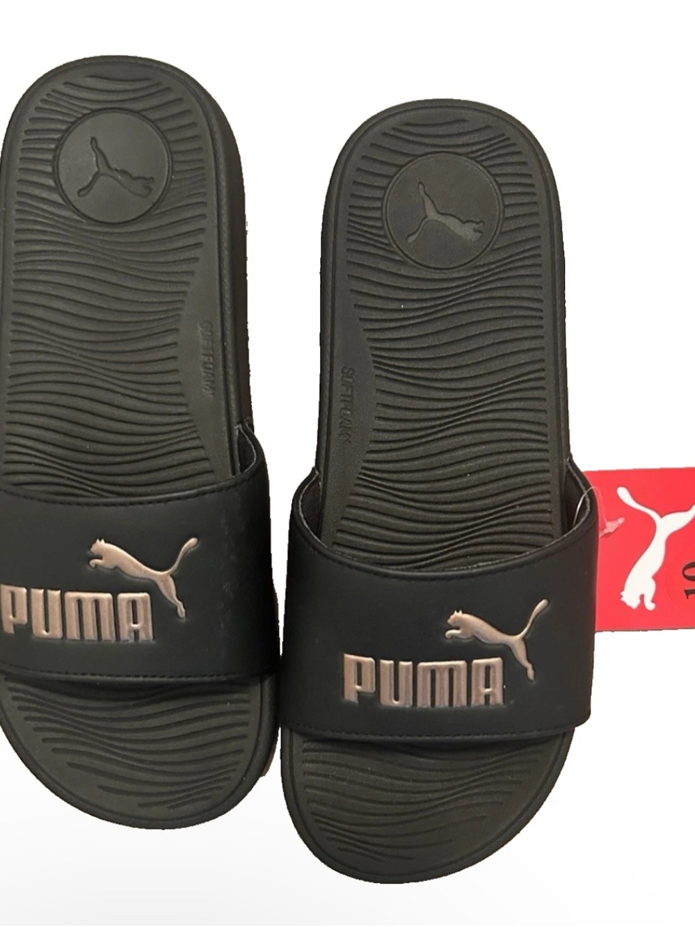 NWT Puma Black Slides with Metallic Rose Logo